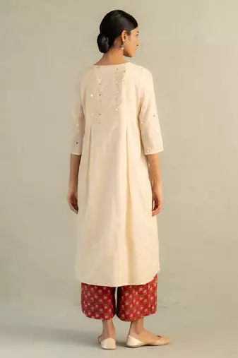 Beige embroidered mul chanderi kurta set