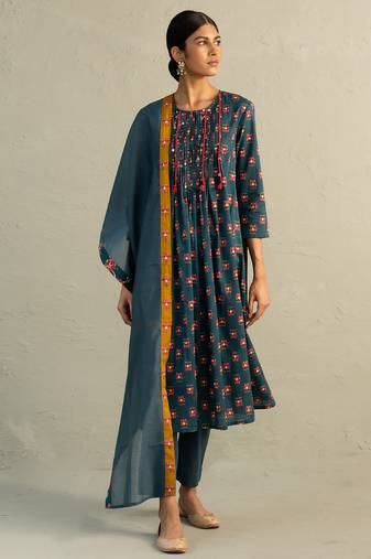 Teal blue printed cotton kurta set