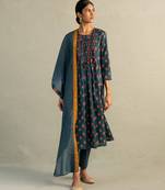Teal blue printed cotton kurta set