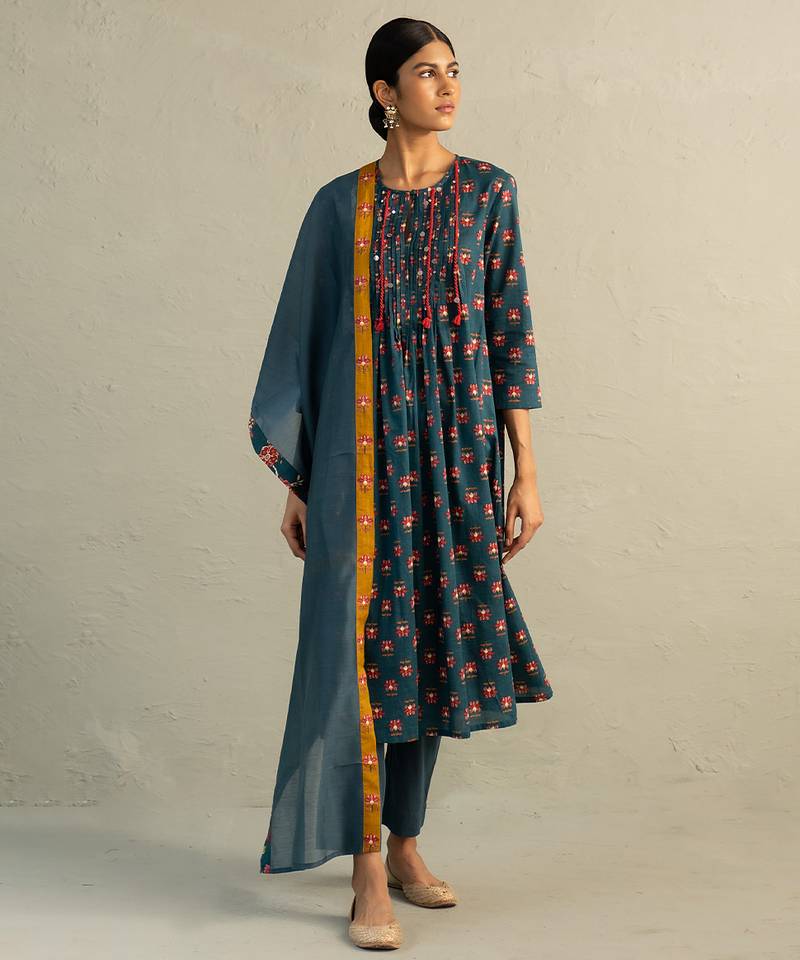 Teal blue printed cotton kurta set