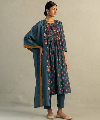 Teal blue printed cotton kurta set 2