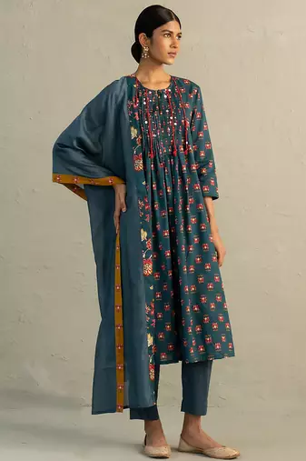 Teal blue printed cotton kurta set