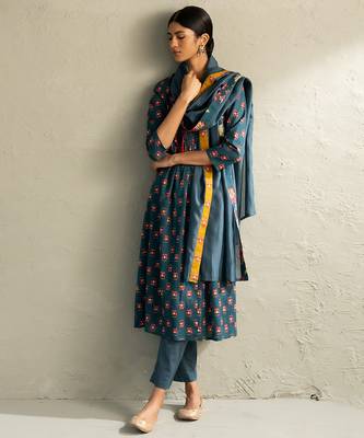 Teal blue printed cotton kurta set 3