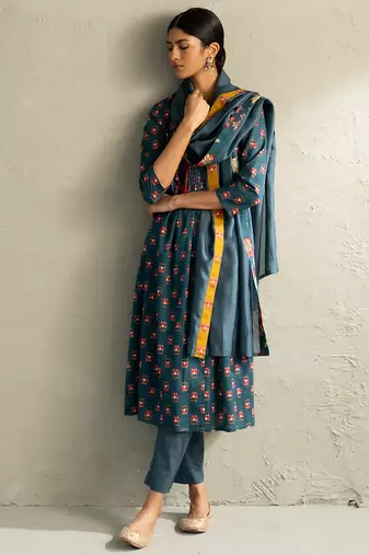 Teal blue printed cotton kurta set