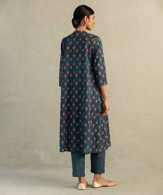 Teal blue printed cotton kurta set 4
