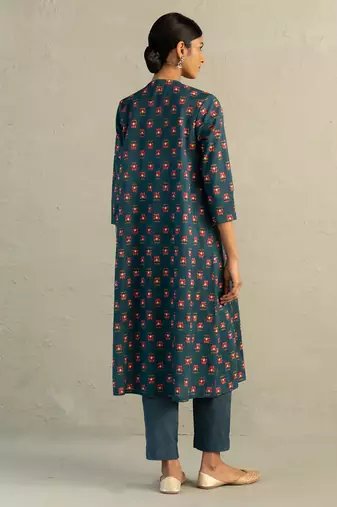 Teal blue printed cotton kurta set
