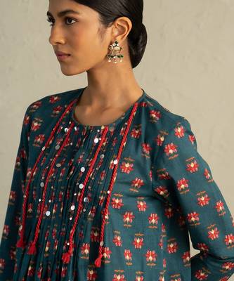 Teal blue printed cotton kurta set 5