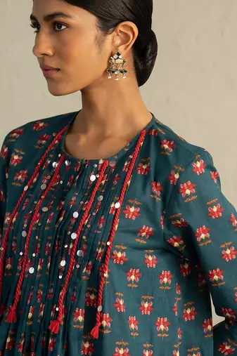Teal blue printed cotton kurta set
