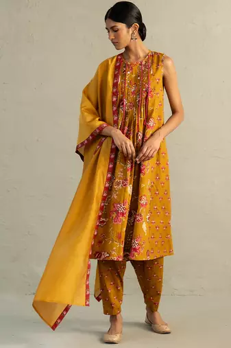 Mustard yellow printed chanderi cotton kurta set