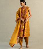 Mustard yellow printed chanderi cotton kurta set