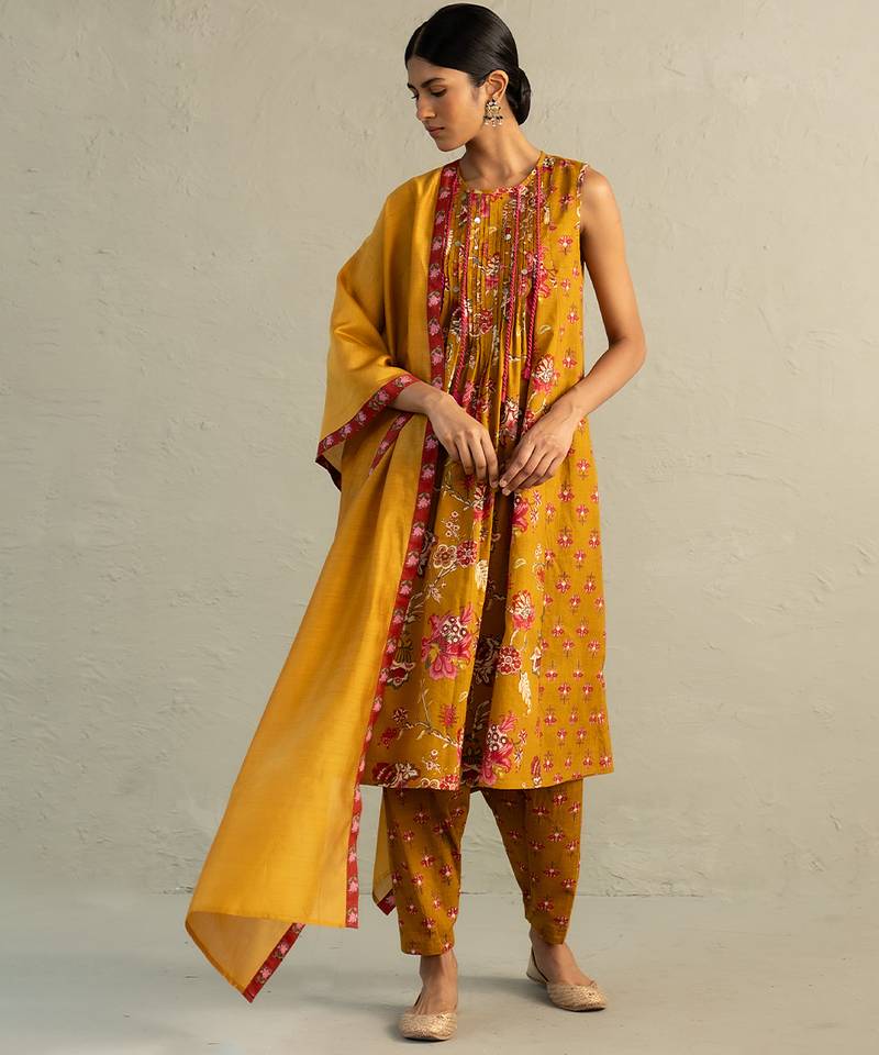 Mustard yellow printed chanderi cotton kurta set