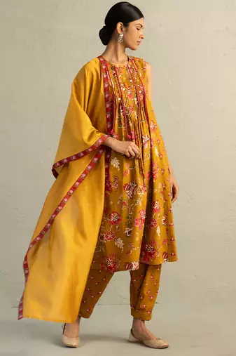 Mustard yellow printed chanderi cotton kurta set