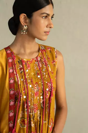 Mustard yellow printed chanderi cotton kurta set