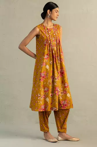 Mustard yellow printed chanderi cotton kurta set