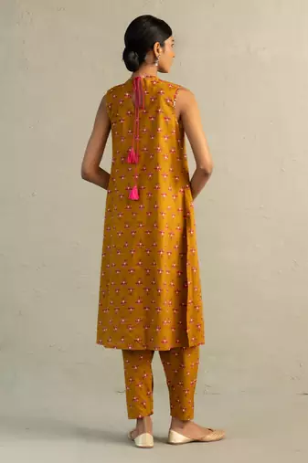 Mustard yellow printed chanderi cotton kurta set