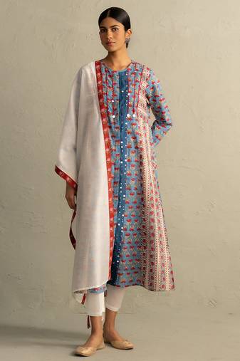 Blue printed cotton kurta set