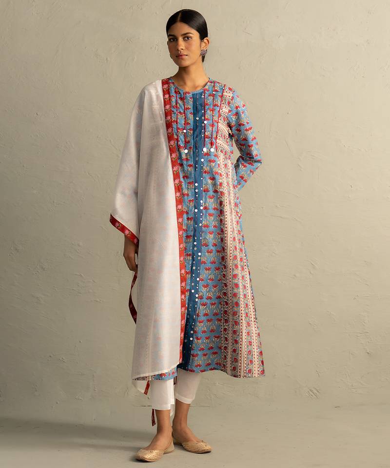 Blue printed cotton kurta set
