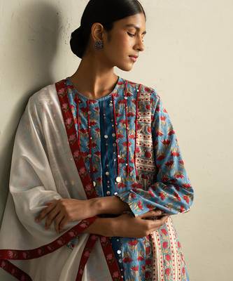 Blue printed cotton kurta set 3