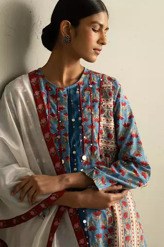 Blue printed cotton kurta set