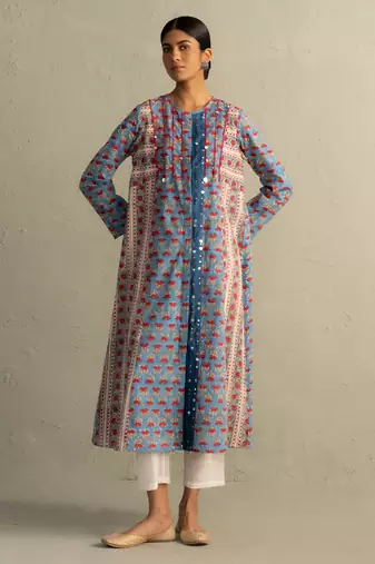 Blue printed cotton kurta set