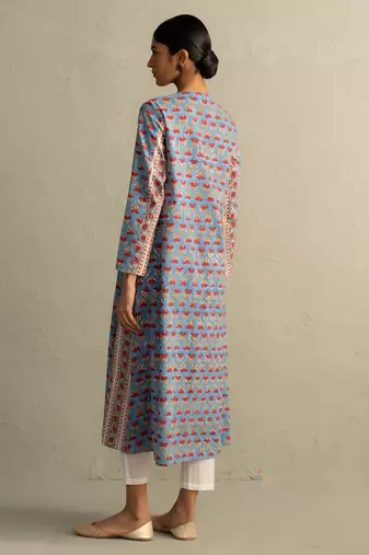 Blue printed cotton kurta set