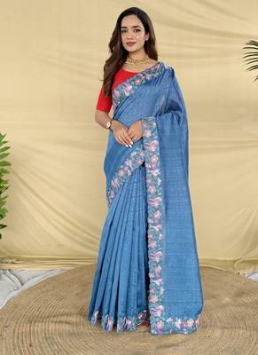 Blue Color Embroidery And Floral,Bird Parttern Work art silk saree 1