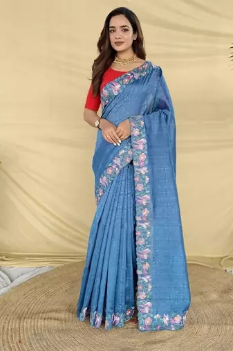 Blue Color Embroidery And Floral,Bird Parttern Work Silk Saree
