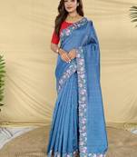 Blue Color Embroidery And Floral,Bird Parttern Work art silk saree