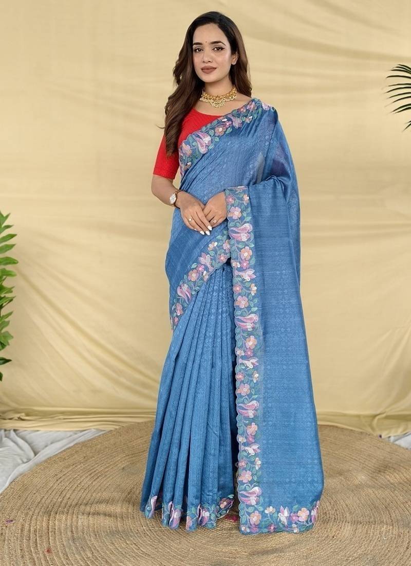 Blue Color Embroidery And Floral,Bird Parttern Work Silk Saree