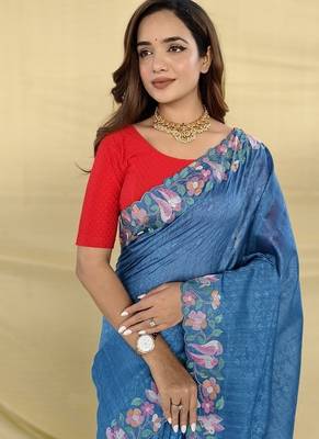Blue Color Embroidery And Floral,Bird Parttern Work art silk saree 2