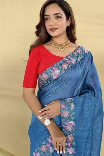 Blue Color Embroidery And Floral,Bird Parttern Work art silk saree