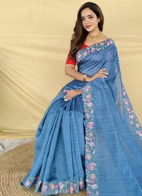 Blue Color Embroidery And Floral,Bird Parttern Work art silk saree 3