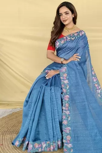 Blue Color Embroidery And Floral,Bird Parttern Work art silk saree