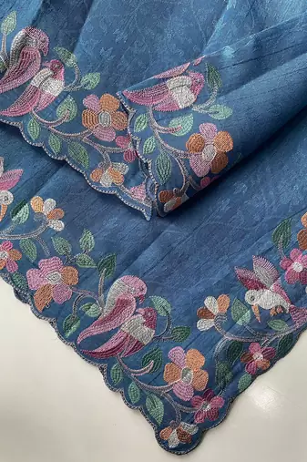 Blue Color Embroidery And Floral,Bird Parttern Work art silk saree
