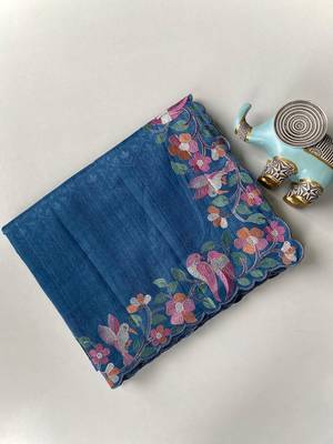 Blue Color Embroidery And Floral,Bird Parttern Work art silk saree 5