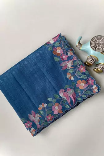 Blue Color Embroidery And Floral,Bird Parttern Work art silk saree