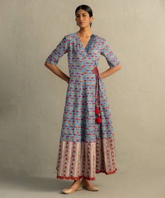 Blue Hand Block Wrap Around Dress 1