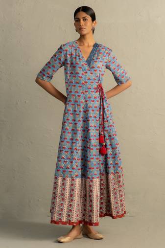 Blue Hand Block Wrap Around Dress