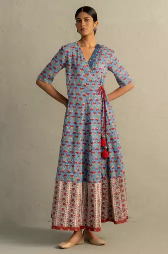 Blue Hand Block Wrap Around Dress