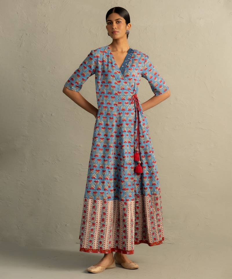 Blue Hand Block Wrap Around Dress