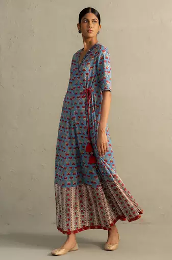Blue Hand Block Wrap Around Dress
