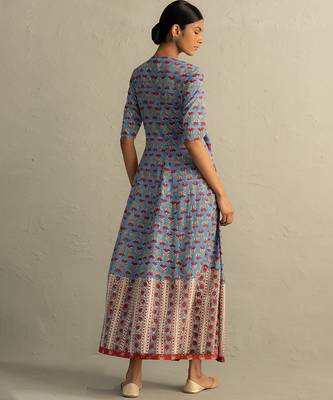 Blue Hand Block Wrap Around Dress 3