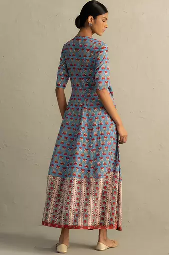 Blue Hand Block Wrap Around Dress