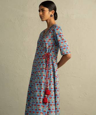 Blue Hand Block Wrap Around Dress 4