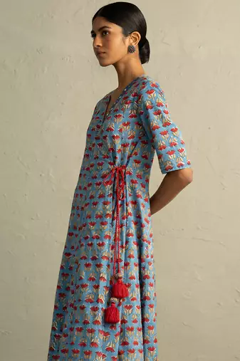 Blue Hand Block Wrap Around Dress