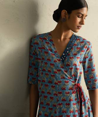 Blue Hand Block Wrap Around Dress 5