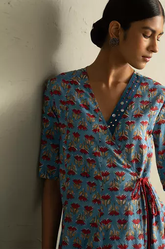 Blue Hand Block Wrap Around Dress