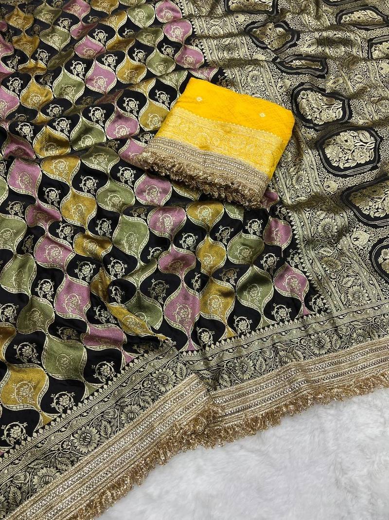 Black Color Zari Weaving Work  Satin Silk Saree