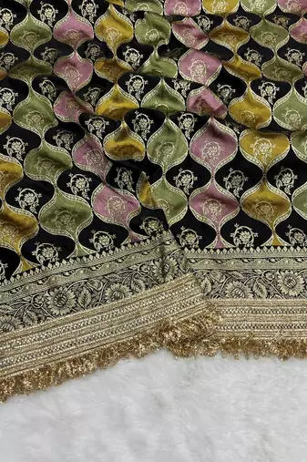 black satin silk saree with zari weaving work