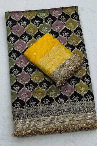 black satin silk saree with zari weaving work